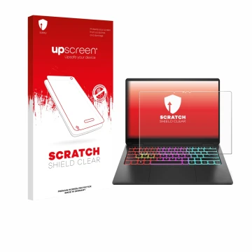 Face avant d’un emballage produit avec le logo de la marque upscreen. À côté, l’appareil HP Omen Transcend 14 est représenté a