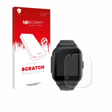 Face avant d’un emballage produit avec le logo de la marque upscreen. À côté, l’appareil Leotec Kids Allo Plus 4G est représen