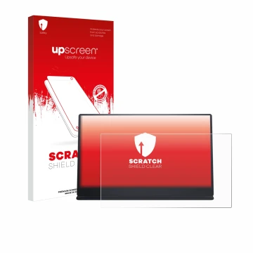 Face avant d’un emballage produit avec le logo de la marque upscreen. À côté, l’appareil Dell P1424H est représenté avec la pr
