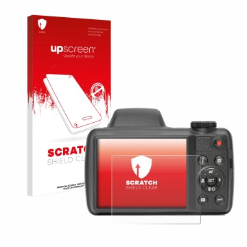 Face avant d’un emballage produit avec le logo de la marque upscreen. À côté, l’appareil Kodak Pixpro AZ528 est représenté ave