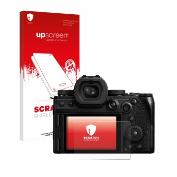 Face avant d’un emballage produit avec le logo de la marque upscreen. À côté, l’appareil Panasonic Lumix DC-S5II est représent