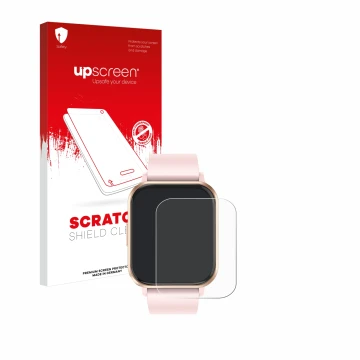 Face avant d’un emballage produit avec le logo de la marque upscreen. À côté, l’appareil walkbee Smartwatch 1.83