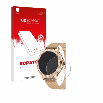 Face avant d’un emballage produit avec le logo de la marque upscreen. À côté, l’appareil walkbee Smartwatch 1.3