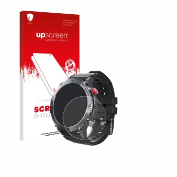 Face avant d’un emballage produit avec le logo de la marque upscreen. À côté, l’appareil Darmowade Smartwatch 1.32