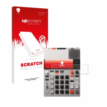 Face avant d’un emballage produit avec le logo de la marque upscreen. À côté, l’appareil Teenage Engineering EP-133 K.O. II es