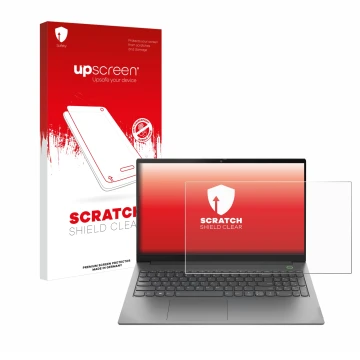 Face avant d’un emballage produit avec le logo de la marque upscreen. À côté, l’appareil Lenovo ThinkBook 15 Gen 4 est représe