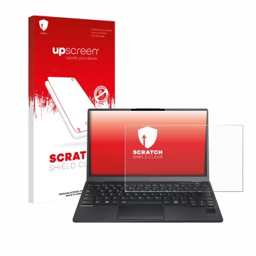 Face avant d’un emballage produit avec le logo de la marque upscreen. À côté, l’appareil Fujitsu Lifebook U9312 est représenté
