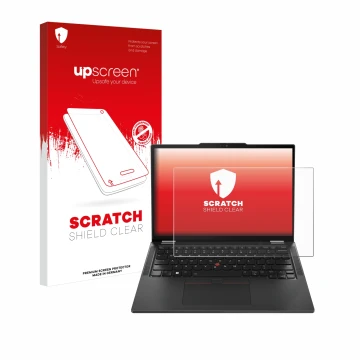 Face avant d’un emballage produit avec le logo de la marque upscreen. À côté, l’appareil Lenovo ThinkPad X13 Gen 5 est représe