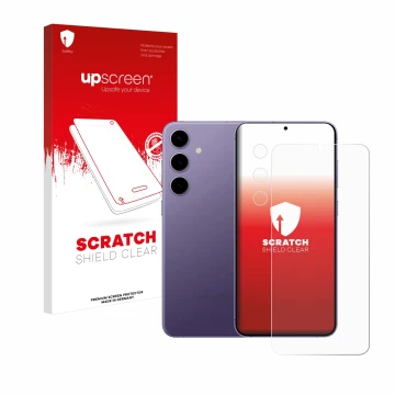 Face avant d’un emballage produit avec le logo de la marque upscreen. À côté, l’appareil Samsung Galaxy S24 Enterprise Edition