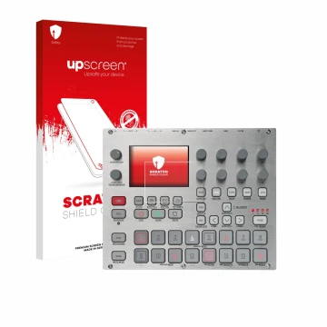 Face avant d’un emballage produit avec le logo de la marque upscreen. À côté, l’appareil Elektron Syntakt E25 Remix Edition es