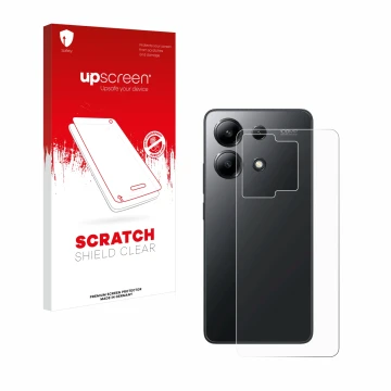 Face avant d’un emballage produit avec le logo de la marque upscreen. À côté, l’appareil Xiaomi Redmi Note 13 4G (Arrière) est