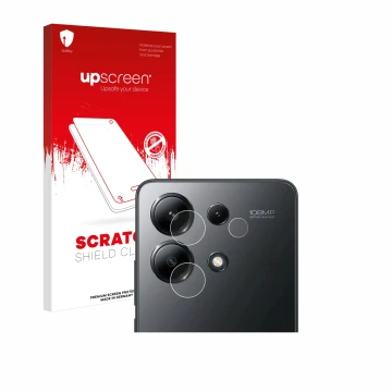 Face avant d’un emballage produit avec le logo de la marque upscreen. À côté, l’appareil Xiaomi Redmi Note 13 4G (Caméra UNIQU