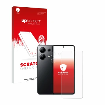 Face avant d’un emballage produit avec le logo de la marque upscreen. À côté, l’appareil Xiaomi Redmi Note 13 4G (Avant+Caméra