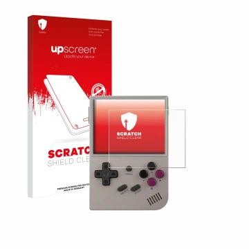 Face avant d’un emballage produit avec le logo de la marque upscreen. À côté, l’appareil Anbernic RG35XX Plus est représenté a