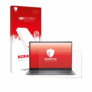 Face avant d’un emballage produit avec le logo de la marque upscreen. À côté, l’appareil Dell Latitude 9450 2-in-1 est représe