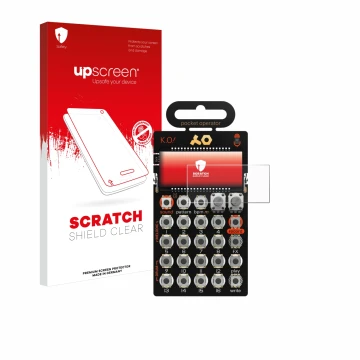 Face avant d’un emballage produit avec le logo de la marque upscreen. À côté, l’appareil Teenage Engineering PO-33 K.O! est re