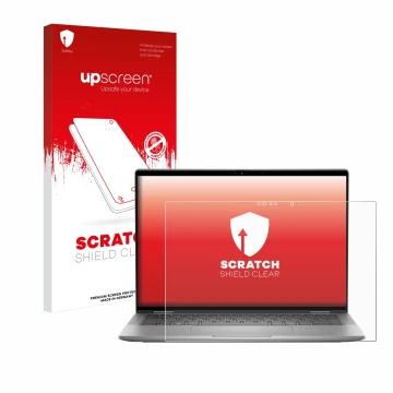 Face avant d’un emballage produit avec le logo de la marque upscreen. À côté, l’appareil Dell Latitude 7450 2-in-1 est représe