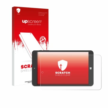 Face avant d’un emballage produit avec le logo de la marque upscreen. À côté, l’appareil SZTPS Tablet 8