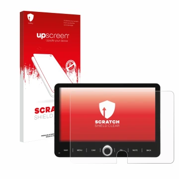 Face avant d’un emballage produit avec le logo de la marque upscreen. À côté, l’appareil Dynavin D9-T5TP est représenté avec l