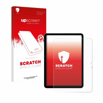 Face avant d’un emballage produit avec le logo de la marque upscreen. À côté, l’appareil Apple iPad Air 11