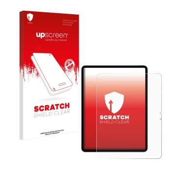 Face avant d’un emballage produit avec le logo de la marque upscreen. À côté, l’appareil Apple iPad Air 13