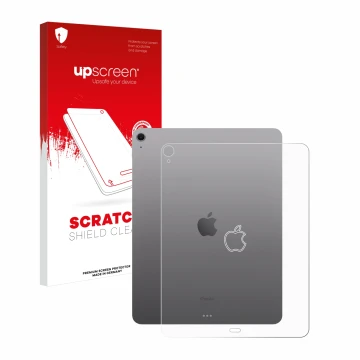 Face avant d’un emballage produit avec le logo de la marque upscreen. À côté, l’appareil Apple iPad Air 13