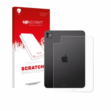 Face avant d’un emballage produit avec le logo de la marque upscreen. À côté, l’appareil Apple iPad Pro 11