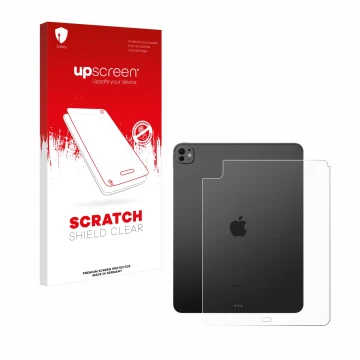 Face avant d’un emballage produit avec le logo de la marque upscreen. À côté, l’appareil Apple iPad Pro 13