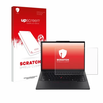 Face avant d’un emballage produit avec le logo de la marque upscreen. À côté, l’appareil Lenovo ThinkPad T14s Gen 5 est représ
