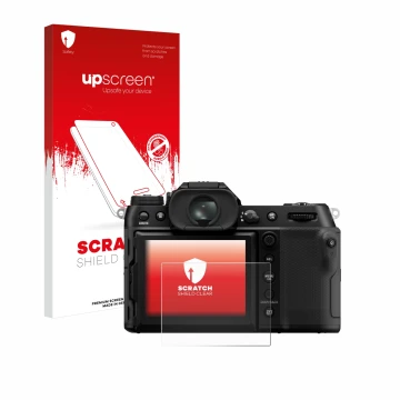 Face avant d’un emballage produit avec le logo de la marque upscreen. À côté, l’appareil Fujifilm GFX100S II est représenté av