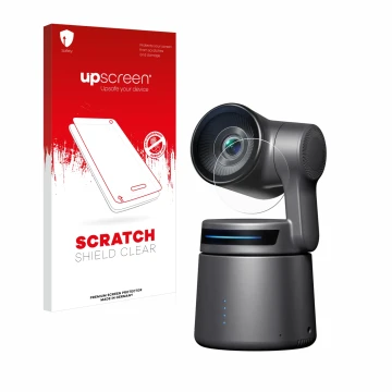 Face avant d’un emballage produit avec le logo de la marque upscreen. À côté, l’appareil OBSBOT Tail Air est représenté avec l