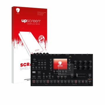Face avant d’un emballage produit avec le logo de la marque upscreen. À côté, l’appareil Elektron Octatrack MKII est représent