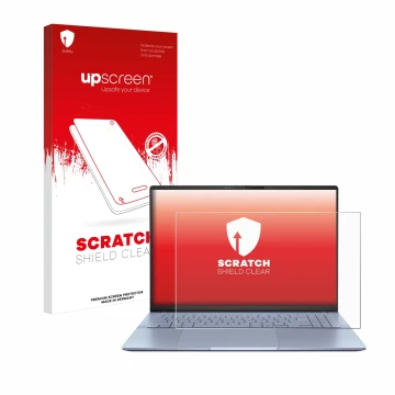 Face avant d’un emballage produit avec le logo de la marque upscreen. À côté, l’appareil ASUS Vivobook S16 OLED S5606 est repr