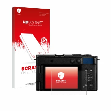 Face avant d’un emballage produit avec le logo de la marque upscreen. À côté, l’appareil Panasonic Lumix DC-S9 est représenté 