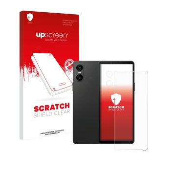 Face avant d’un emballage produit avec le logo de la marque upscreen. À côté, l’appareil Sony Xperia 10 VI (Avant+Caméra) est 