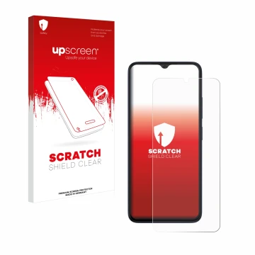 Face avant d’un emballage produit avec le logo de la marque upscreen. À côté, l’appareil Wiko T20 est représenté avec la prote
