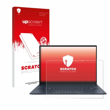 Face avant d’un emballage produit avec le logo de la marque upscreen. À côté, l’appareil ASUS ZenBook 14 OLED UX3405 Touch est