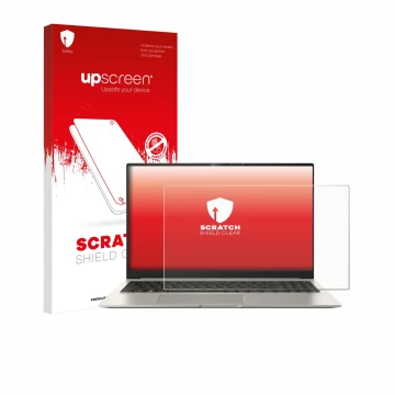 Face avant d’un emballage produit avec le logo de la marque upscreen. À côté, l’appareil ASUS ZenBook 15 OLED UM3504 est repré