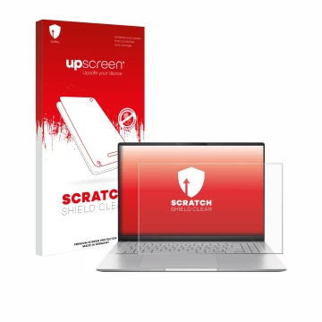 Face avant d’un emballage produit avec le logo de la marque upscreen. À côté, l’appareil ASUS Vivobook S16 OLED M5606 est repr