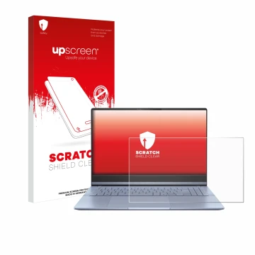 Face avant d’un emballage produit avec le logo de la marque upscreen. À côté, l’appareil ASUS Vivobook S 15 OLED S5506 est rep