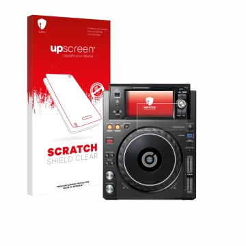 Face avant d’un emballage produit avec le logo de la marque upscreen. À côté, l’appareil Pioneer XDJ -1000MK2 est représenté a