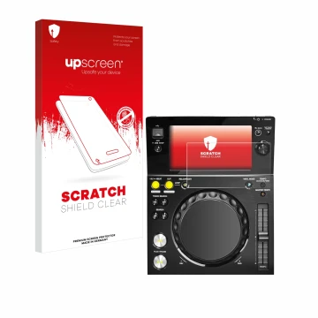 Face avant d’un emballage produit avec le logo de la marque upscreen. À côté, l’appareil Pioneer XDJ -700 est représenté avec 