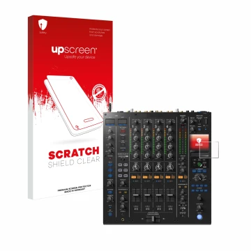 Face avant d’un emballage produit avec le logo de la marque upscreen. À côté, l’appareil Pioneer DJM A9 est représenté avec la