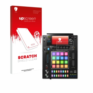 Face avant d’un emballage produit avec le logo de la marque upscreen. À côté, l’appareil Pioneer DJS -1000 est représenté avec