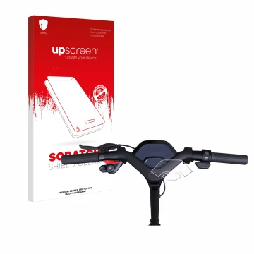 Face avant d’un emballage produit avec le logo de la marque upscreen. À côté, l’appareil Segway Ninebot P65D est représenté av