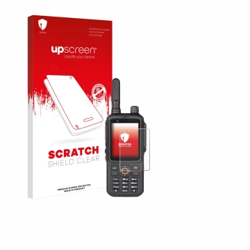 Face avant d’un emballage produit avec le logo de la marque upscreen. À côté, l’appareil Inrico T320 est représenté avec la pr