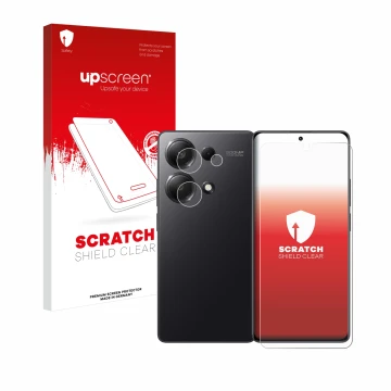 Face avant d’un emballage produit avec le logo de la marque upscreen. À côté, l’appareil Xiaomi Redmi Note 13 Pro 4G (Avant+Ca