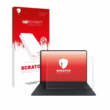 Face avant d’un emballage produit avec le logo de la marque upscreen. À côté, l’appareil Huawei MateBook X Pro 2024 est représ