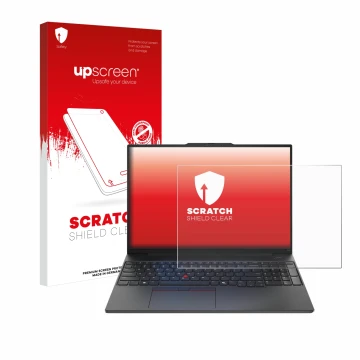 Face avant d’un emballage produit avec le logo de la marque upscreen. À côté, l’appareil Lenovo ThinkPad E16 Gen 2 est représe