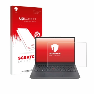 Face avant d’un emballage produit avec le logo de la marque upscreen. À côté, l’appareil Lenovo ThinkPad E14 Gen 6 est représe